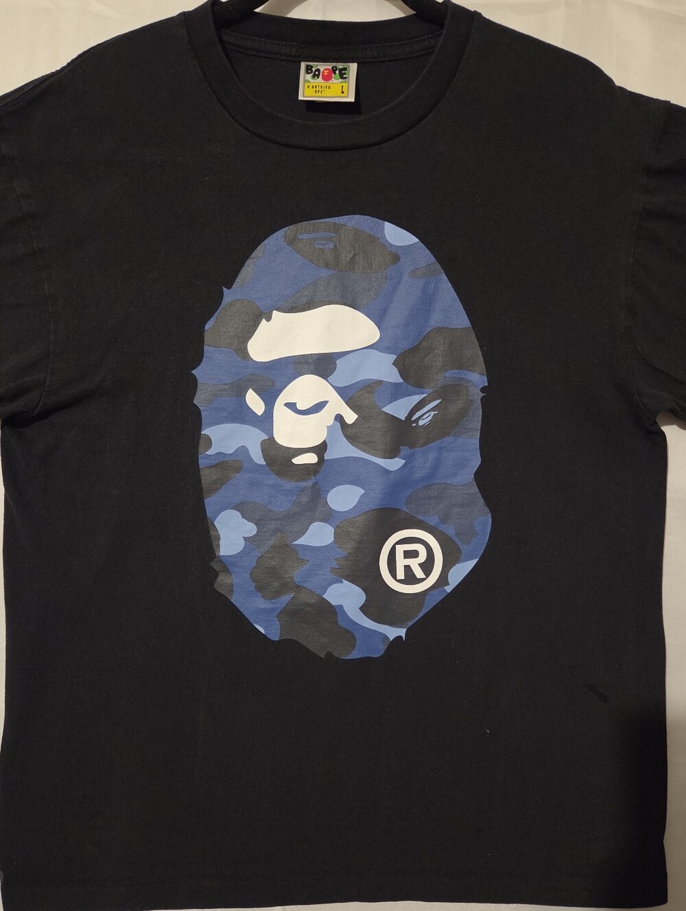 A Bathing Ape (BAPE) Black T-Shirt with Blue Camo Ape Graphic L